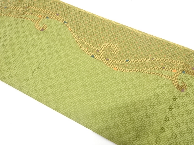 本場筑前博多　唐草に斜め格子模様織り出し　名古屋帯